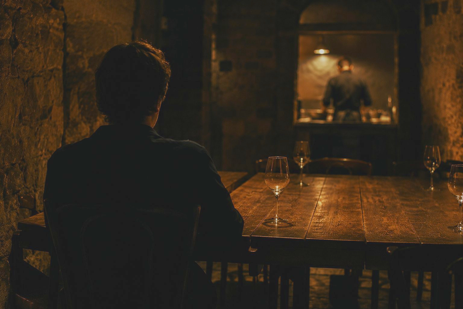 A guest facing the chef during service