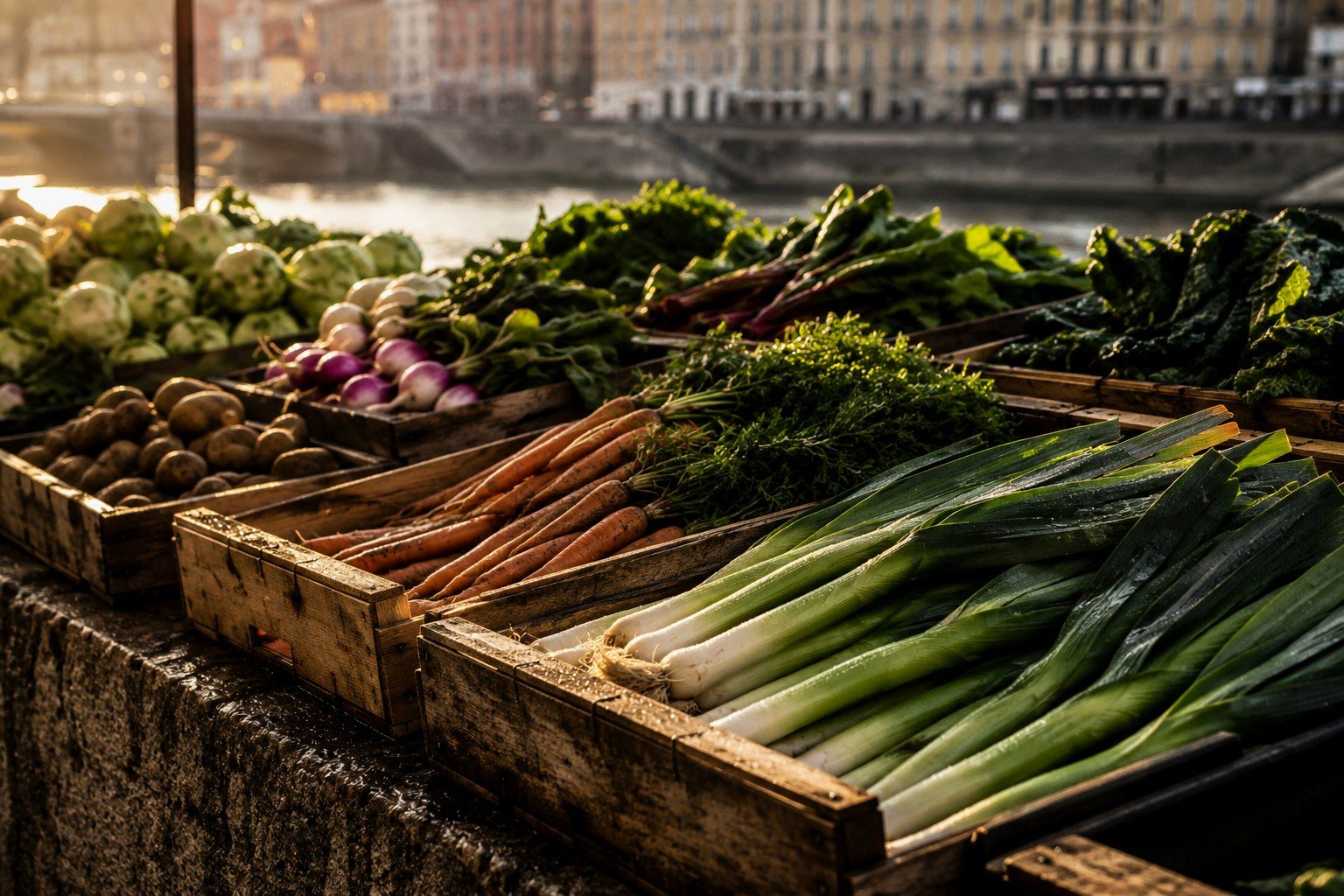 The Saône quay market stalls at first light